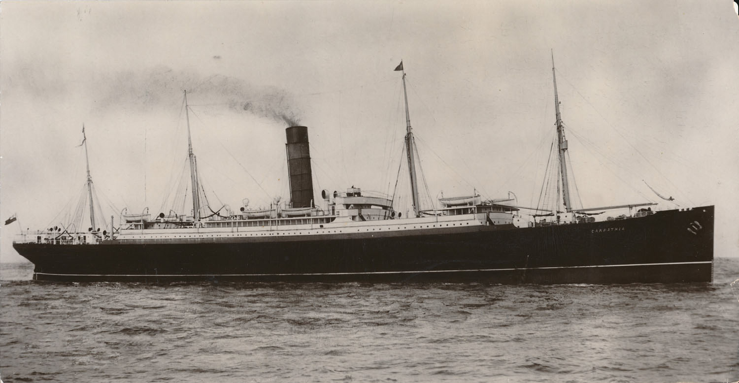 RMS Carpathia photographed at sea in profile.